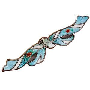 Vintage Guilloche Enamel Ribbon Bow Floral Bar Brooch 1920s 1930s Blue Jewelry